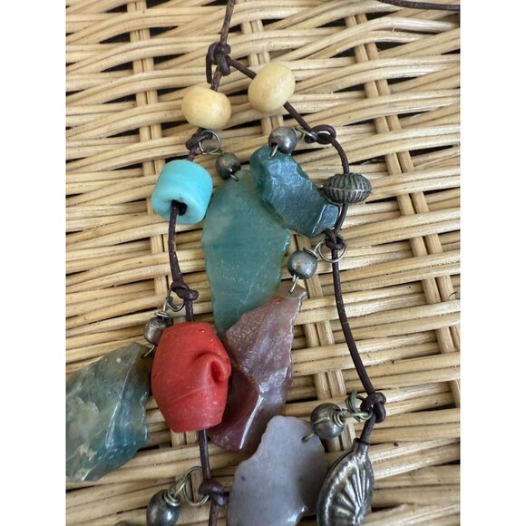 Vintage 80s Double Strand Necklace Carved Agate Trade Beads Boho - Picture 4 of 16